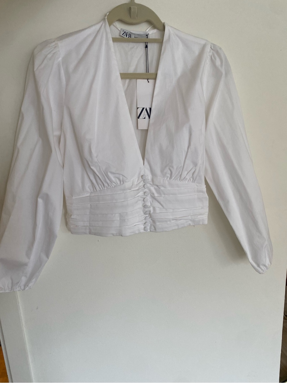 Zara White Plunging V-Neck Cropped Blouse with Covered Buttons